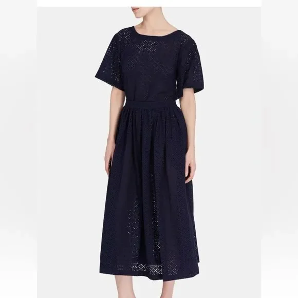 Lisa Marie Fernandez Navy Blue 100% Cotton Eyelet Shift‎ Midi Dress Small